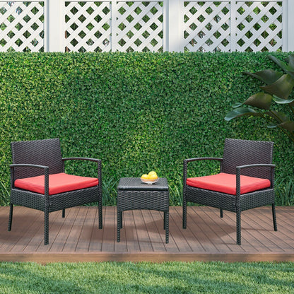Ensemble de meubles de jardin 3 pièces, ensemble de chaises de conversation en rotin avec table d'appoint et coussins