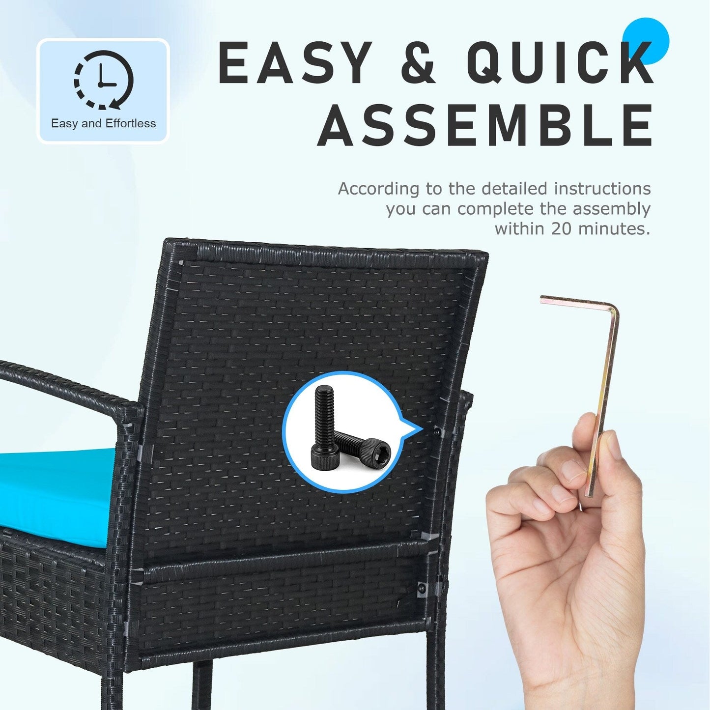 Ensemble de meubles de jardin 3 pièces, ensemble de chaises de conversation en rotin avec table d'appoint et coussins