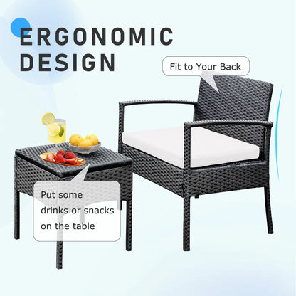 Ensemble de meubles de jardin 3 pièces, ensemble de chaises de conversation en rotin avec table d'appoint et coussins