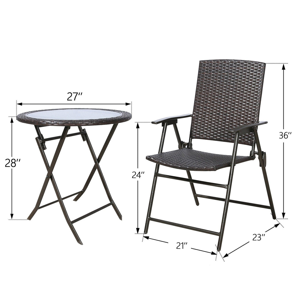 Ensemble de jardin en osier 3 pièces avec chaises de salle à manger et table de jardin pliante