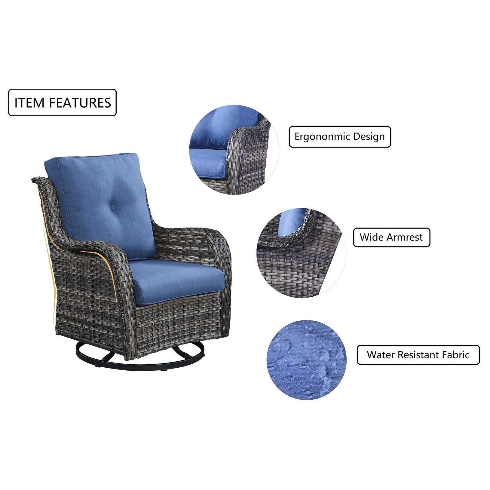 Gymojoy 3 Piece Outdoor Wicker Swivel Rocker with Cushion & Table