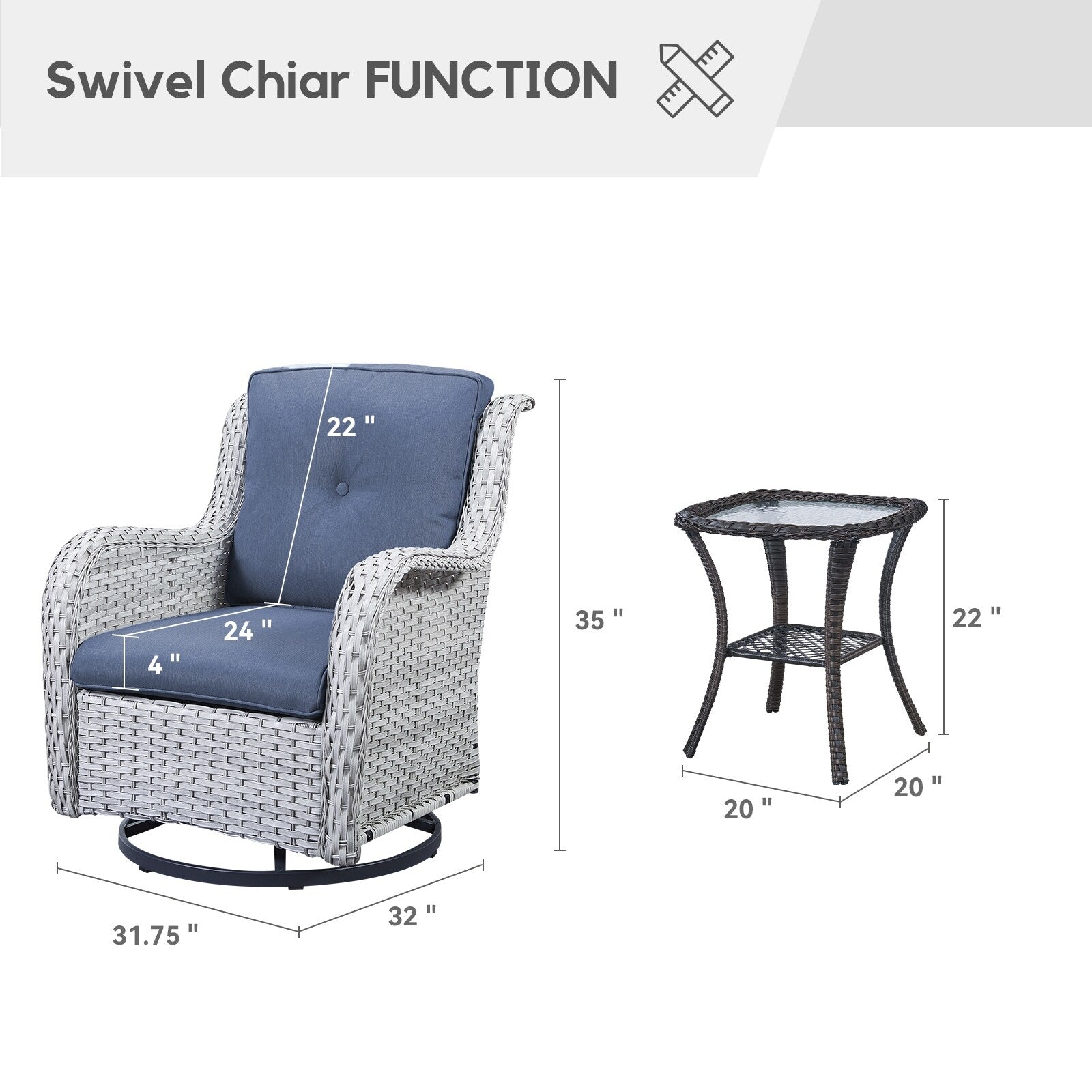 Gymojoy 3 Piece Outdoor Wicker Swivel Rocker with Cushion & Table