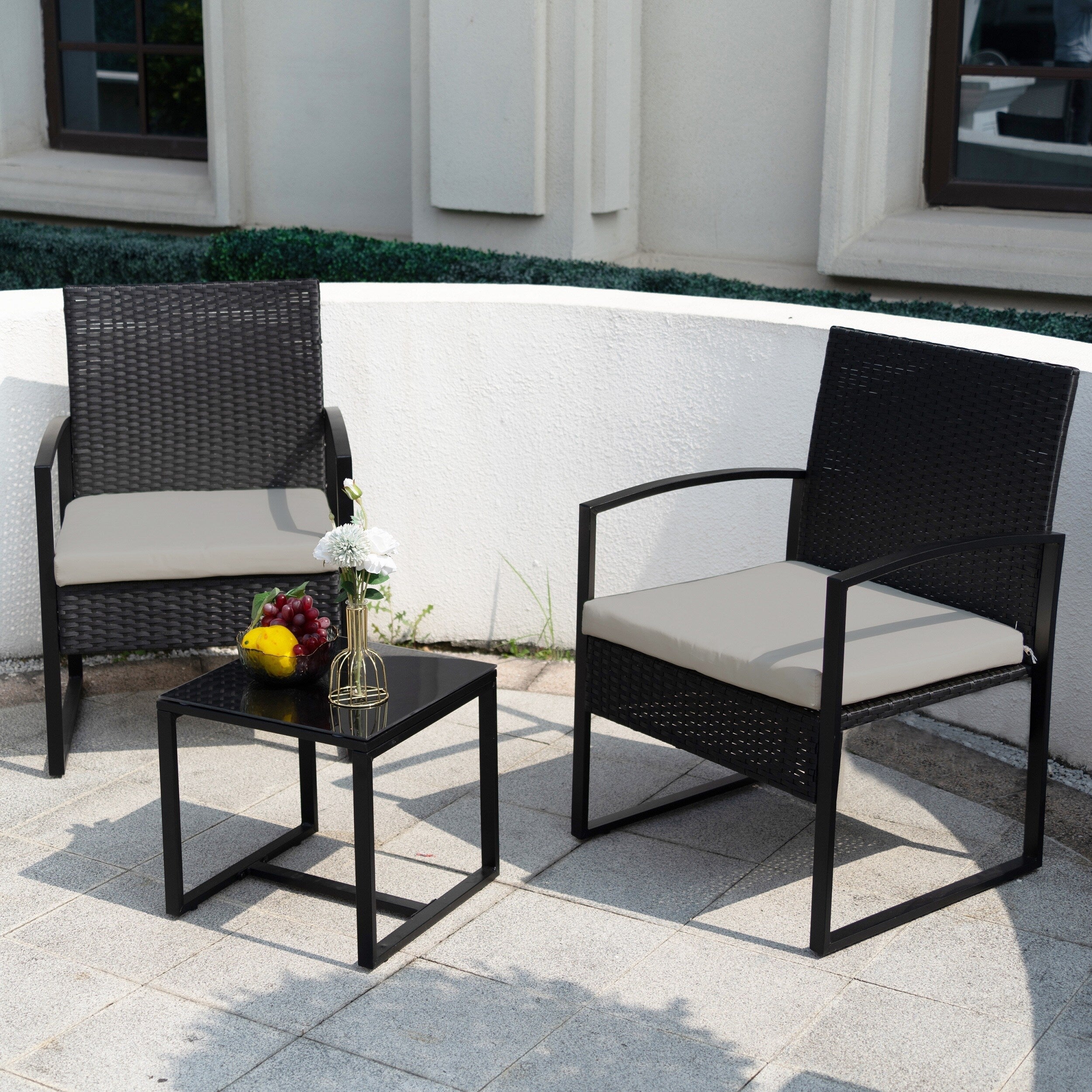 Ensemble de bistrot de jardin 3 pièces avec table en verre et salon de jardin en rotin pour véranda, jardin et balcon