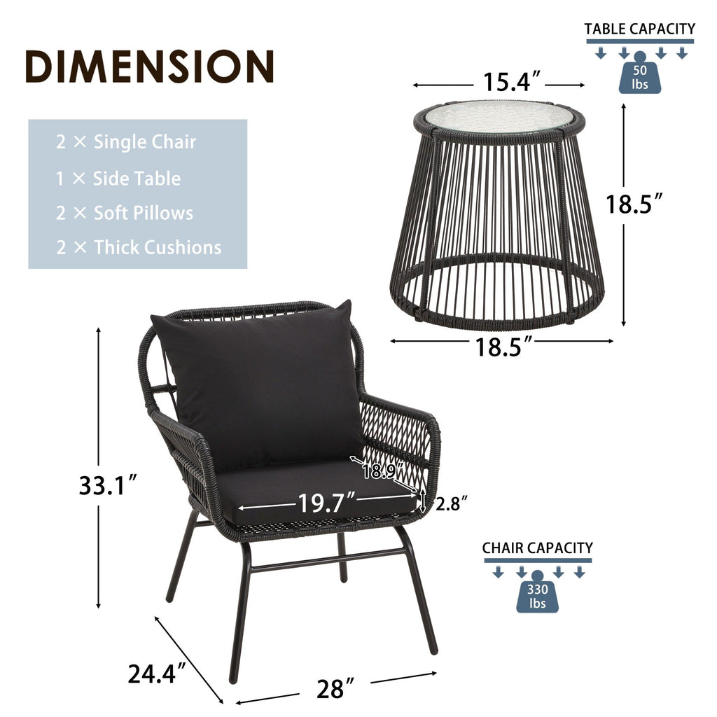 Ensemble de bistrot de jardin 3 pièces en rotin avec table en verre, 2 fauteuils larges et coussins d'assise