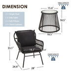 Ensemble de bistrot de jardin 3 pièces en rotin avec table en verre, 2 fauteuils larges et coussins d'assise