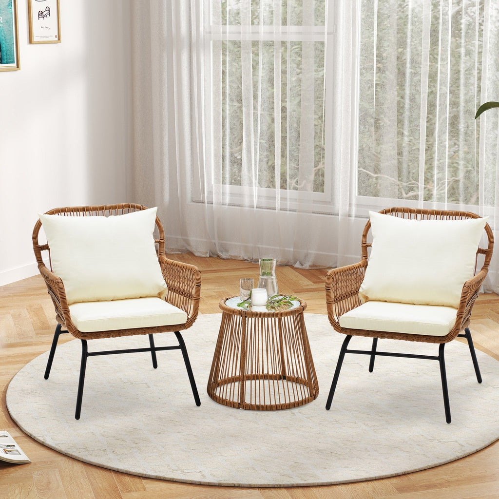 Ensemble de bistrot de jardin 3 pièces en rotin avec table en verre, 2 fauteuils larges et coussins d'assise