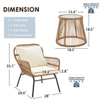 Ensemble de bistrot de jardin 3 pièces en rotin avec table en verre, 2 fauteuils larges et coussins d'assise
