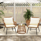 Ensemble de bistrot de jardin 3 pièces en rotin avec table en verre, 2 fauteuils larges et coussins d'assise