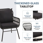 Ensemble de bistrot de jardin 3 pièces en rotin avec table en verre, 2 fauteuils larges et coussins d'assise