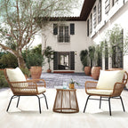 Ensemble de bistrot de jardin 3 pièces en rotin avec table en verre, 2 fauteuils larges et coussins d'assise