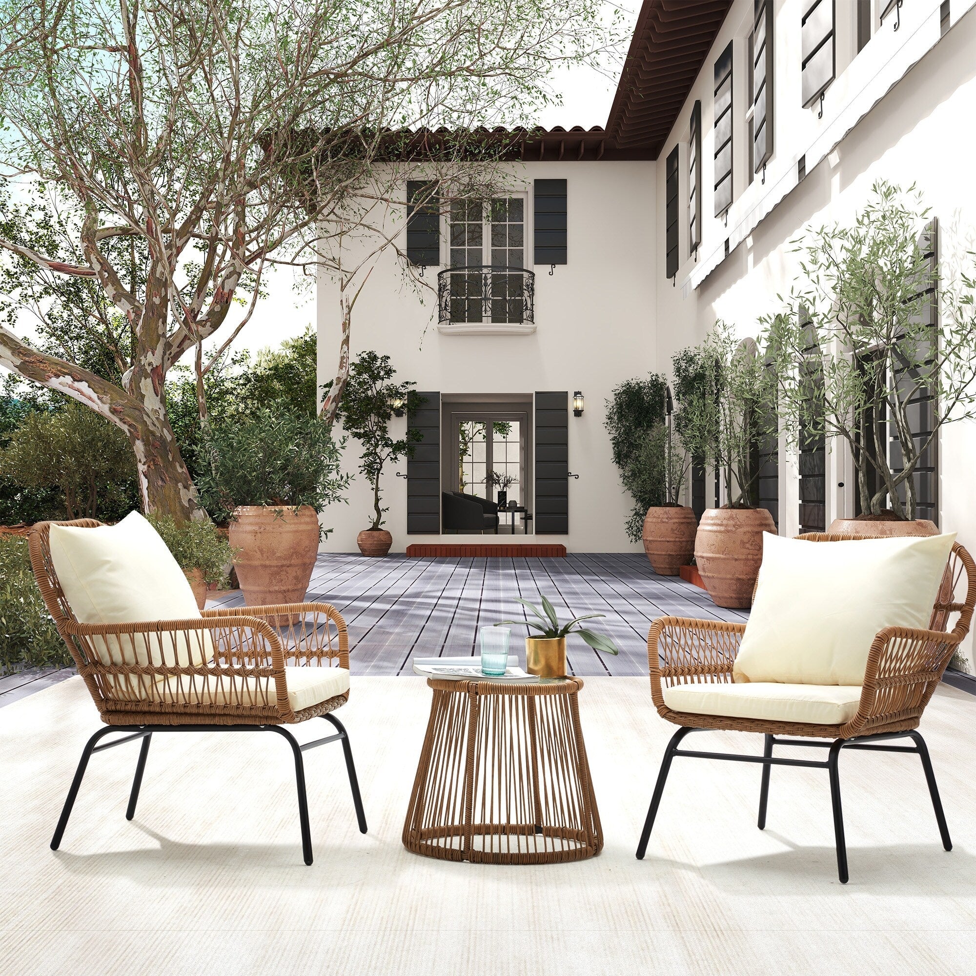 Ensemble de bistrot de jardin 3 pièces en rotin avec table en verre, 2 fauteuils larges et coussins d'assise