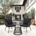 Ensemble de bistrot de jardin 3 pièces en rotin avec table en verre, 2 fauteuils larges et coussins d'assise