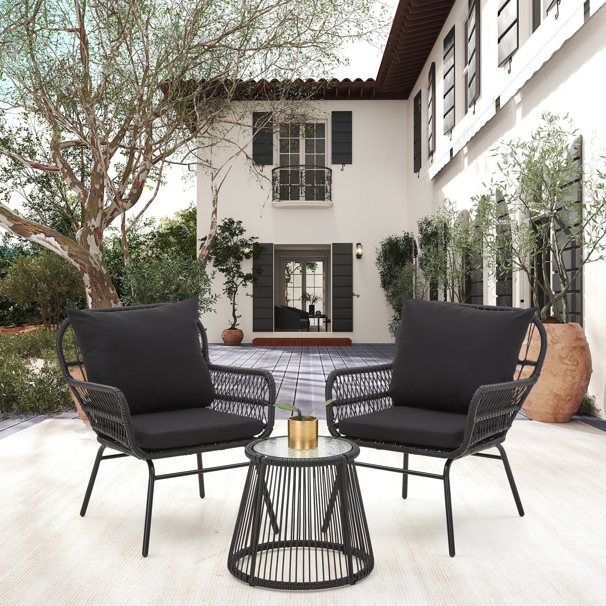 Ensemble de bistrot de jardin 3 pièces en rotin avec table en verre, 2 fauteuils larges et coussins d'assise