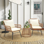 Ensemble de bistrot de jardin 3 pièces en rotin avec table en verre, 2 fauteuils larges et coussins d'assise
