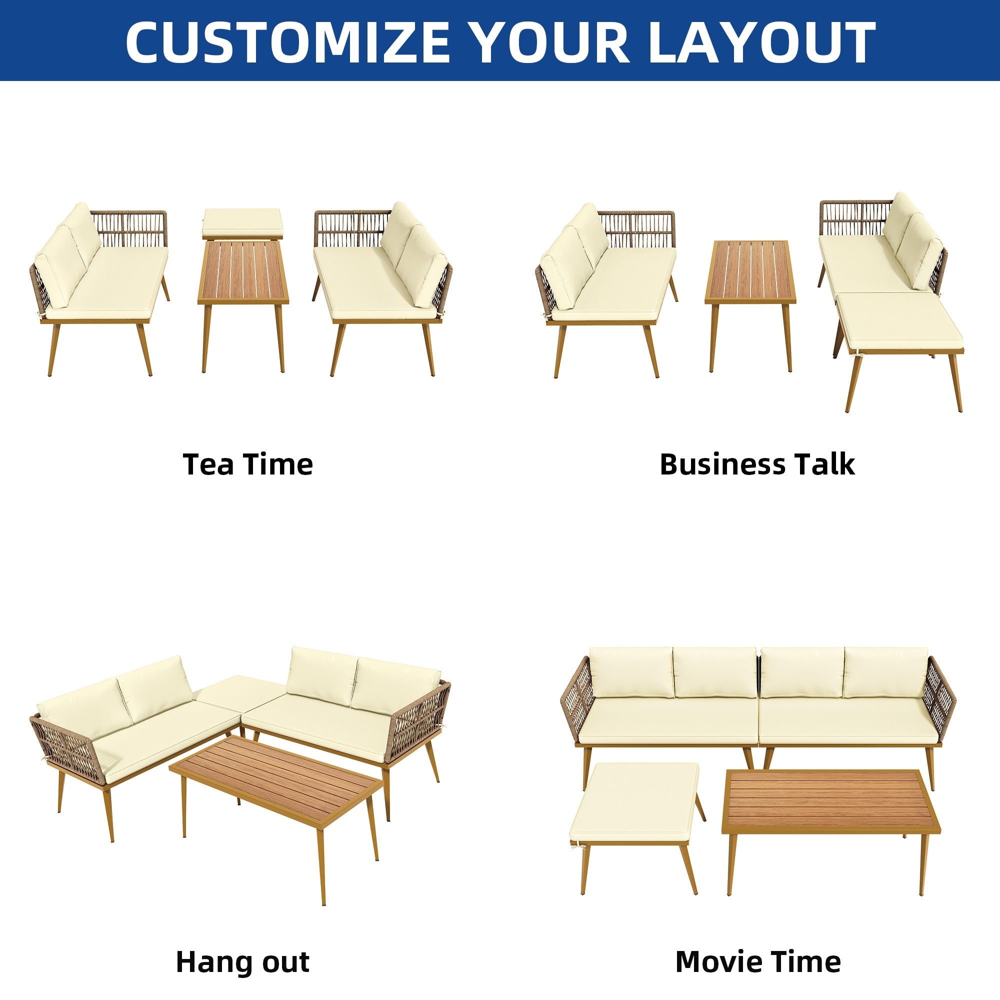 Ensemble de conversation pour patio extérieur Moasis 4 pièces, canapé sectionnel en osier en forme de L avec coussins et table d'appoint