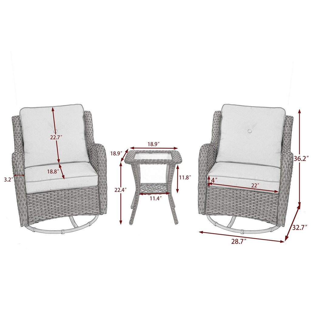 Ensemble de 3 chaises pivotantes à bascule rembourrées en rotin pour patio avec table d'appoint
