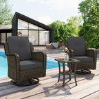 Ensemble de 3 chaises pivotantes à bascule rembourrées en rotin pour patio avec table d'appoint