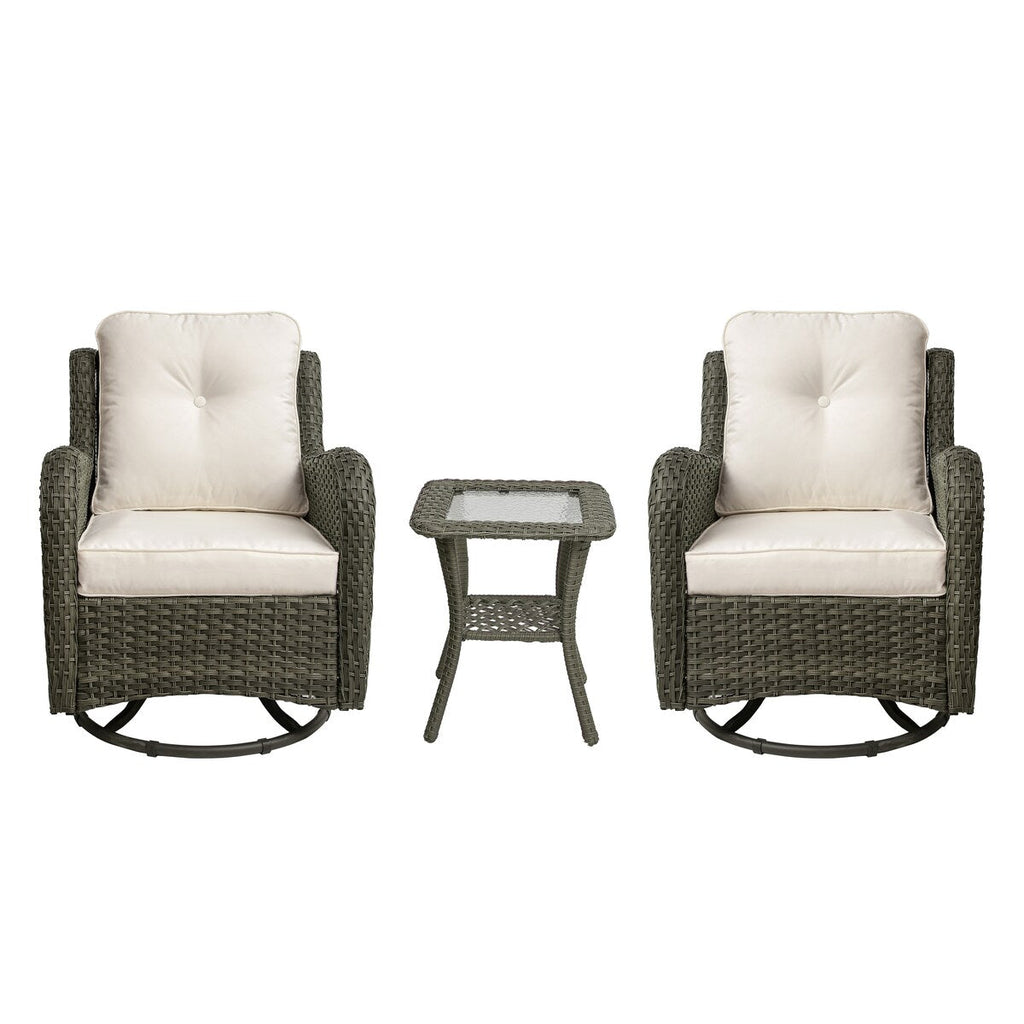 Ensemble de 3 chaises pivotantes à bascule rembourrées en rotin pour patio avec table d'appoint