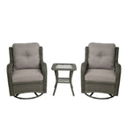 Ensemble de 3 chaises pivotantes à bascule rembourrées en rotin pour patio avec table d'appoint