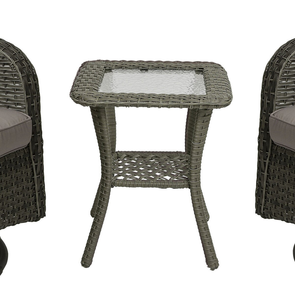 Ensemble de 3 chaises pivotantes à bascule rembourrées en rotin pour patio avec table d'appoint