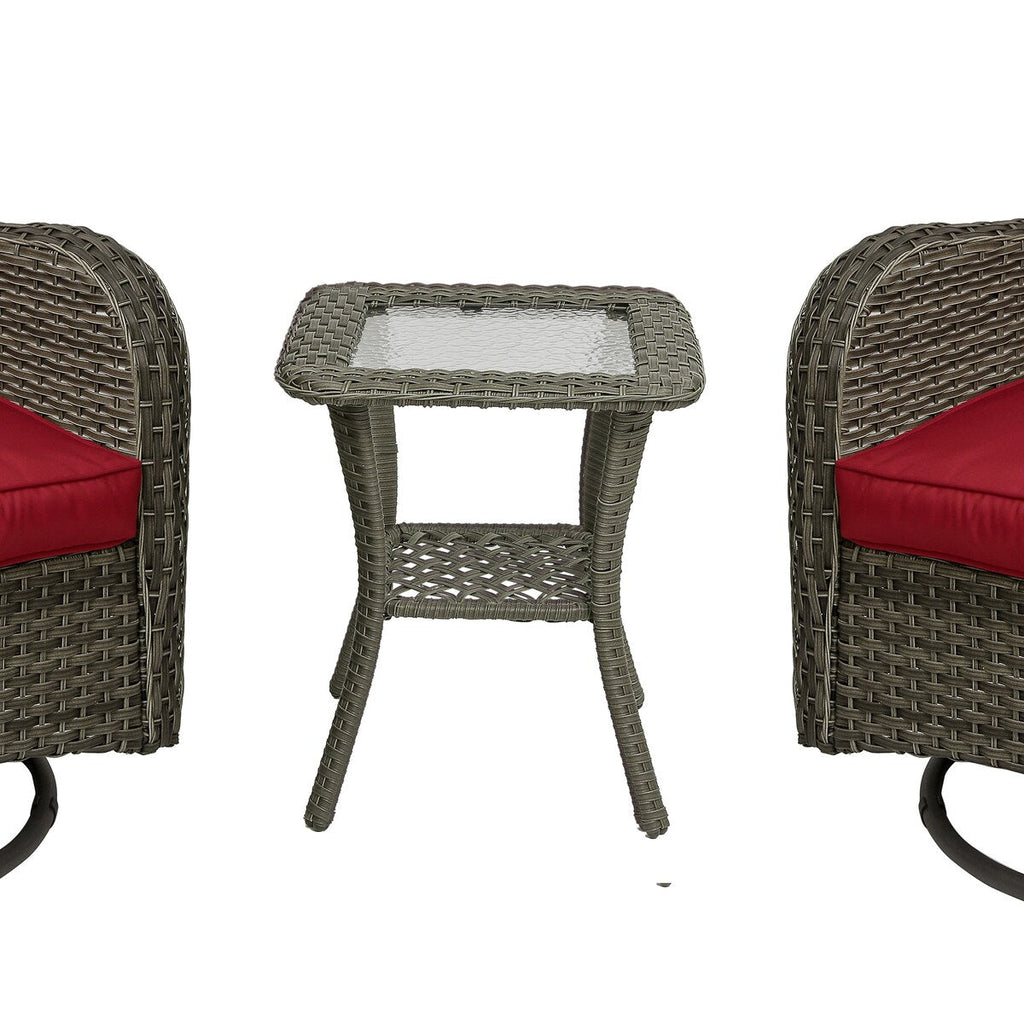 Ensemble de 3 chaises pivotantes à bascule rembourrées en rotin pour patio avec table d'appoint