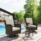 Ensemble de 3 chaises pivotantes à bascule rembourrées en rotin pour patio avec table d'appoint