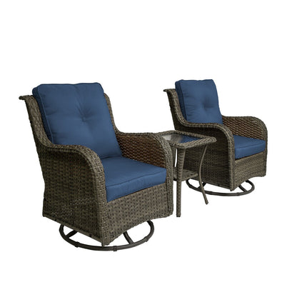 Ensemble de 3 chaises pivotantes à bascule rembourrées en rotin pour patio avec table d'appoint