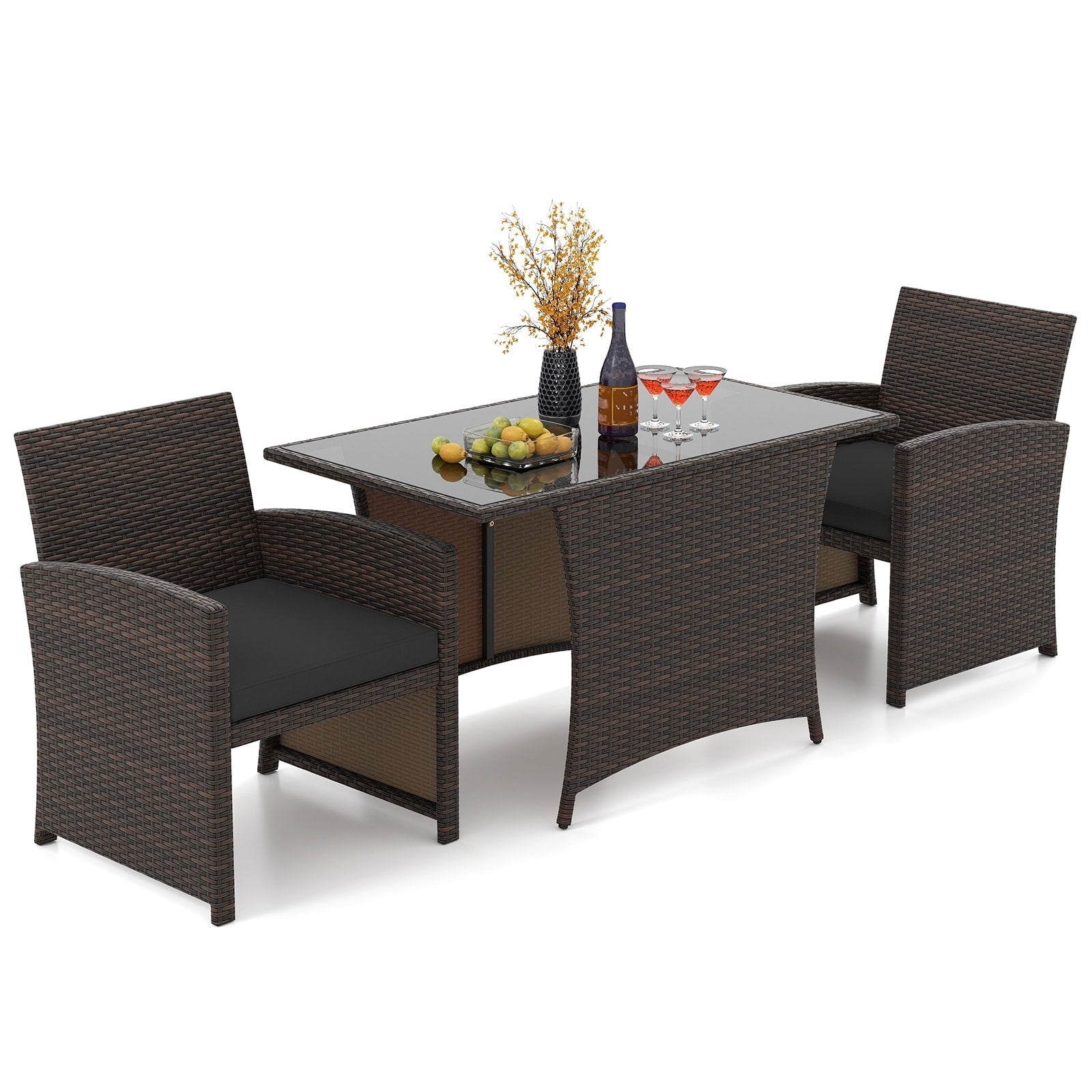 Ensemble de salle à manger 3 pièces en osier avec table en verre et chaises rembourrées - 25 x 23,5 x 31