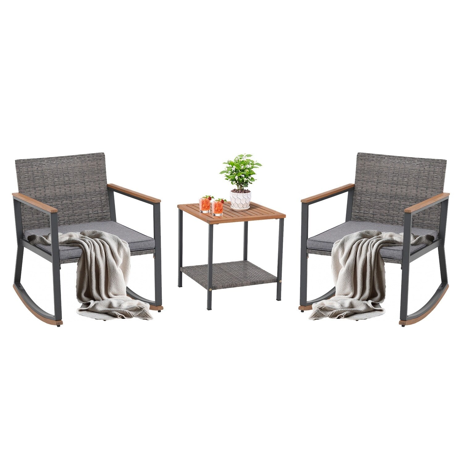 Ensemble de 3 chaises à bascule pour patio, bistro, balcon, conversation, avec table basse et coussins