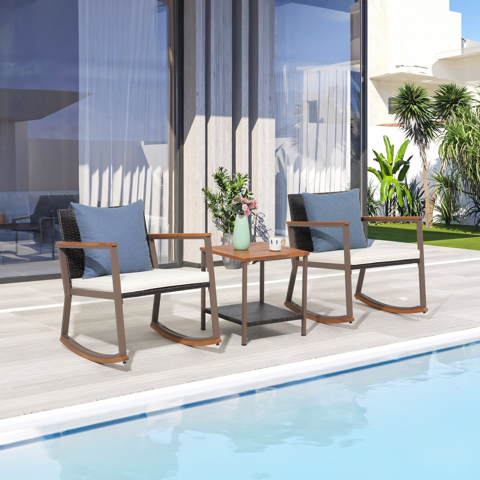 Ensemble de 3 chaises à bascule pour patio, bistro, balcon, conversation, avec table basse et coussins