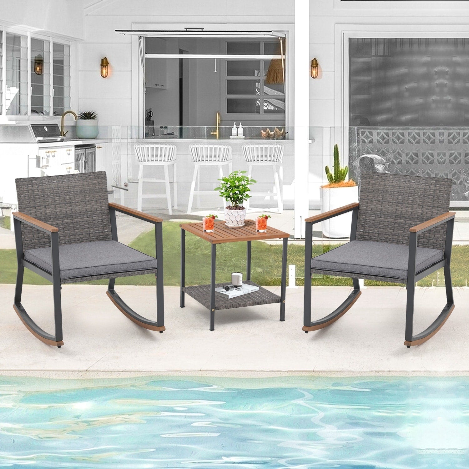Ensemble de 3 chaises à bascule pour patio, bistro, balcon, conversation, avec table basse et coussins