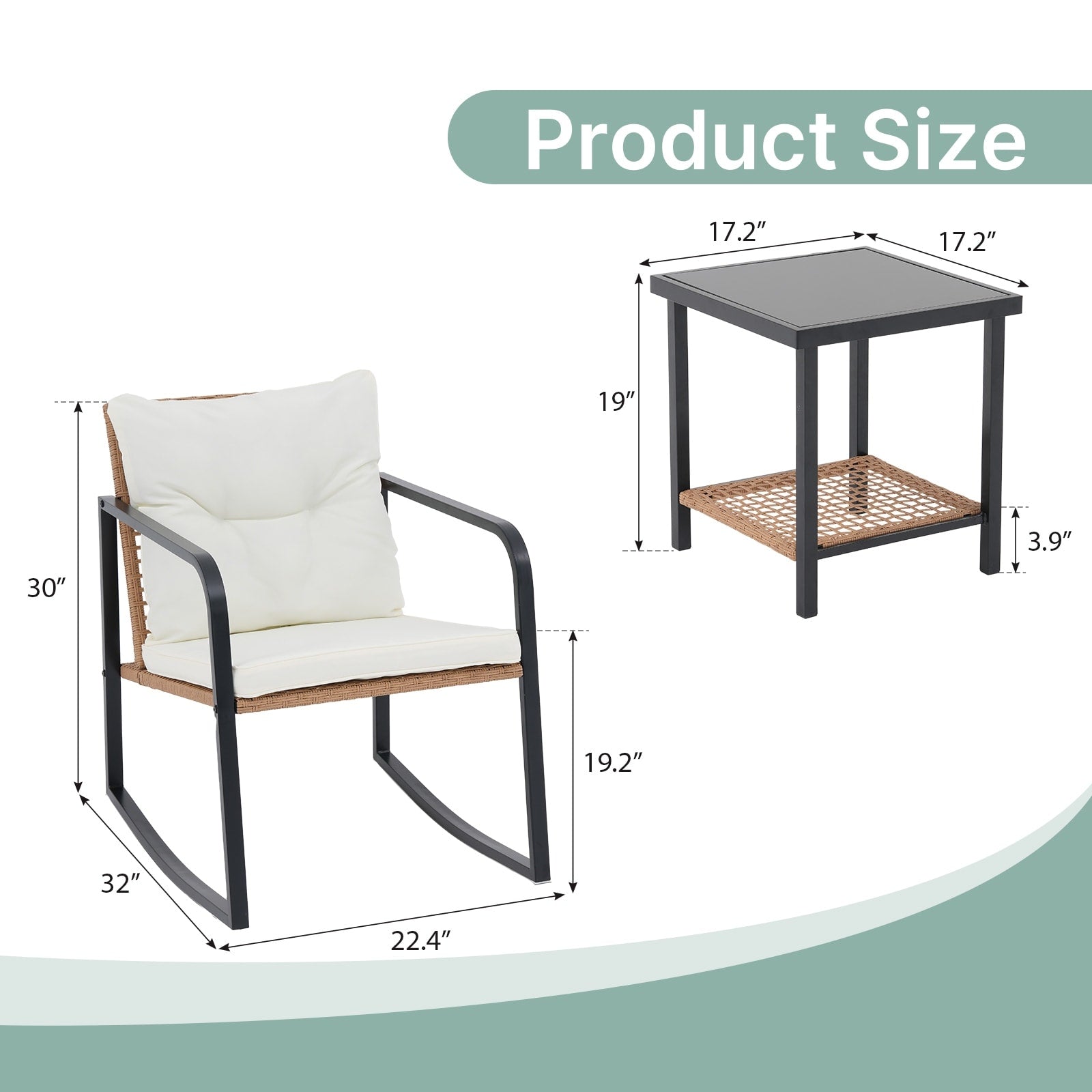 Ensemble de 3 chaises à bascule pour patio, bistro, balcon, conversation, avec table basse et coussins