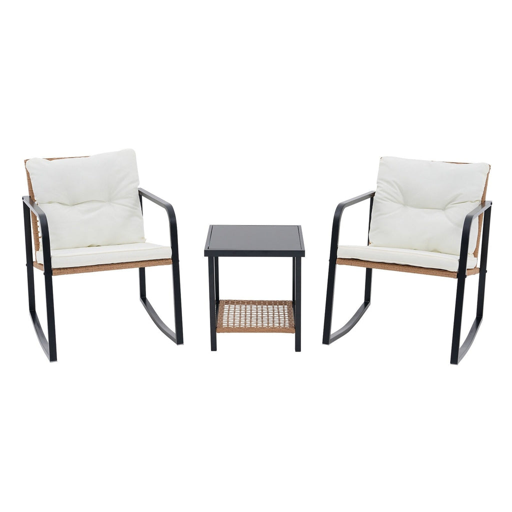 Ensemble de 3 chaises à bascule pour patio, bistro, balcon, conversation, avec table basse et coussins