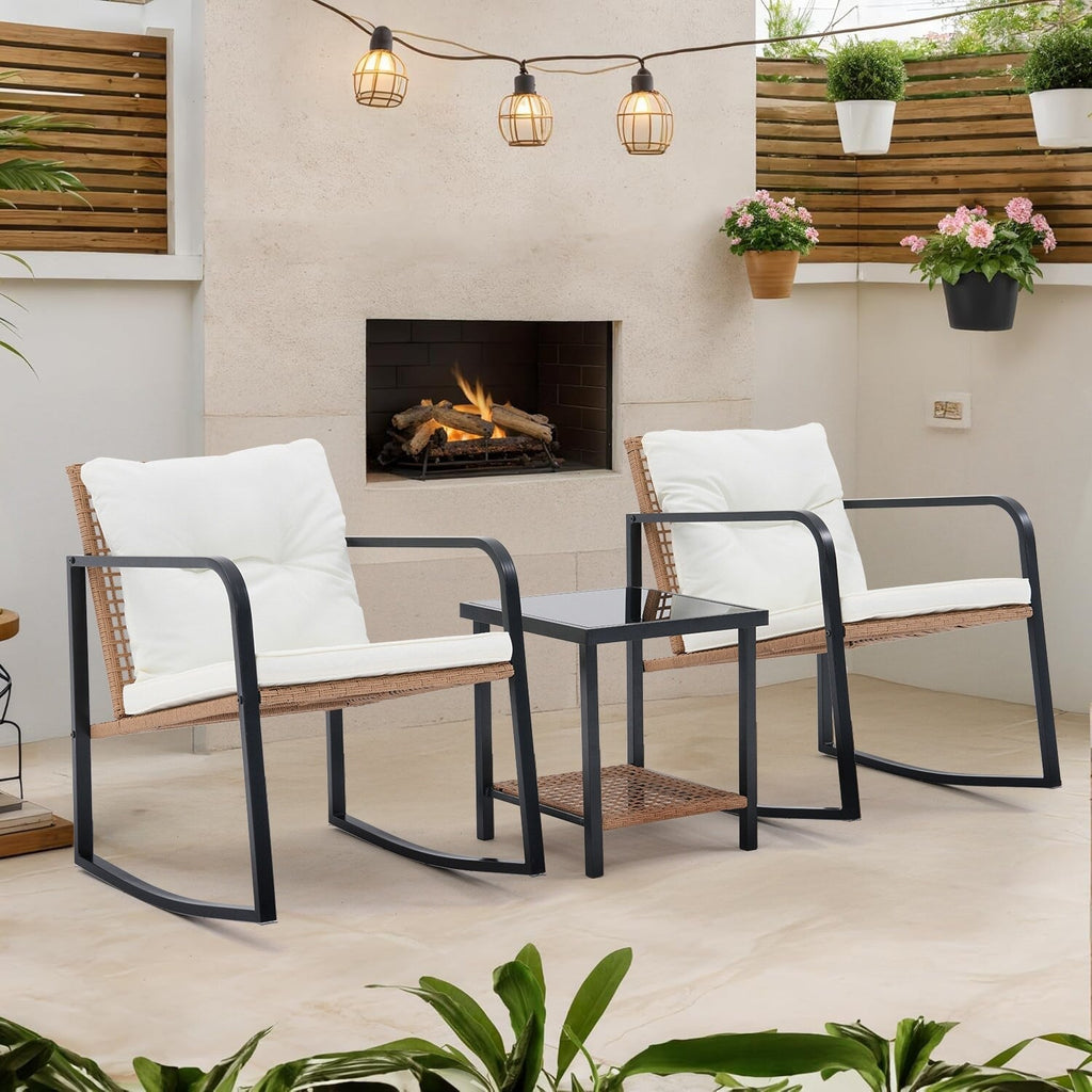 Ensemble de 3 chaises à bascule pour patio, bistro, balcon, conversation, avec table basse et coussins