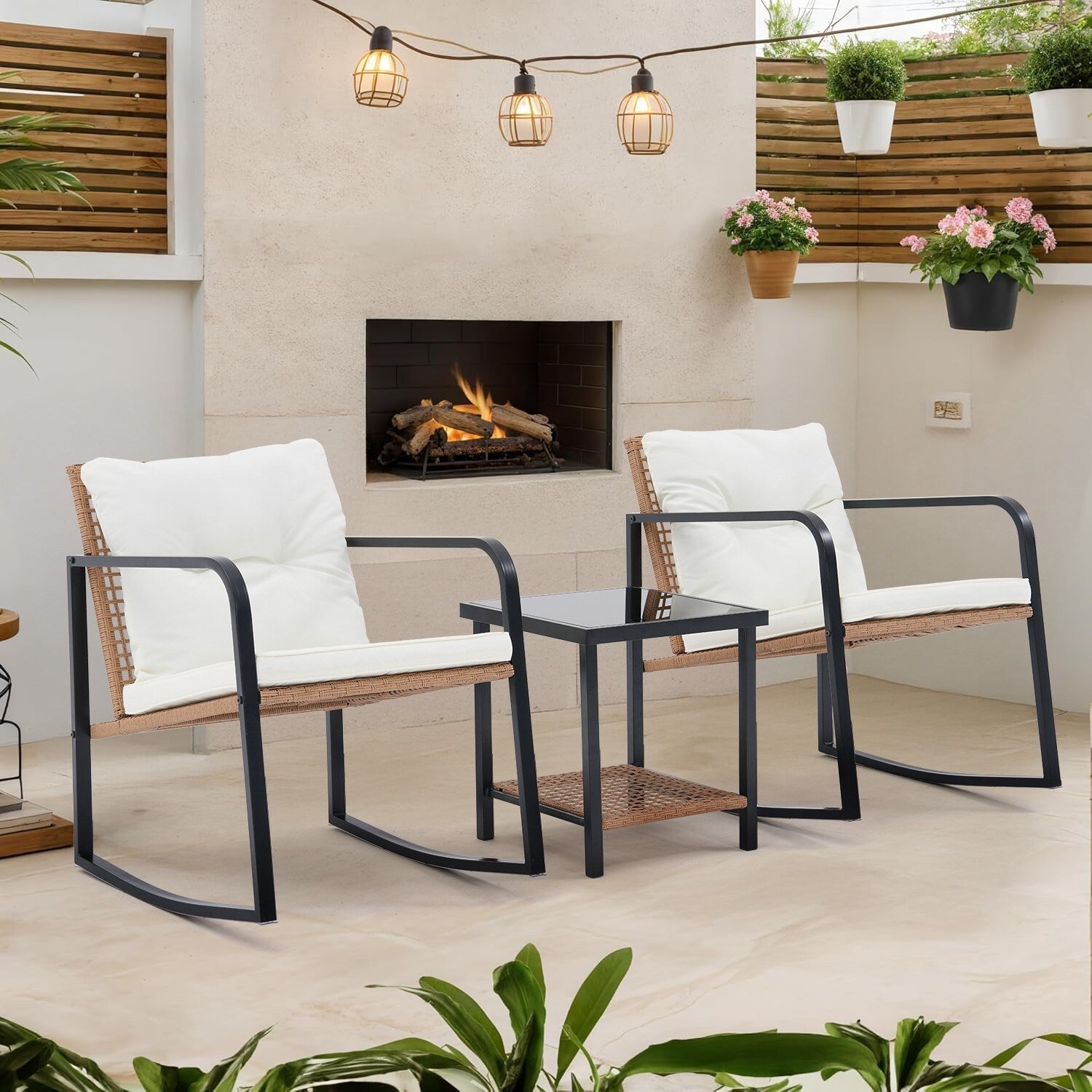Ensemble de 3 chaises à bascule pour patio, bistro, balcon, conversation, avec table basse et coussins