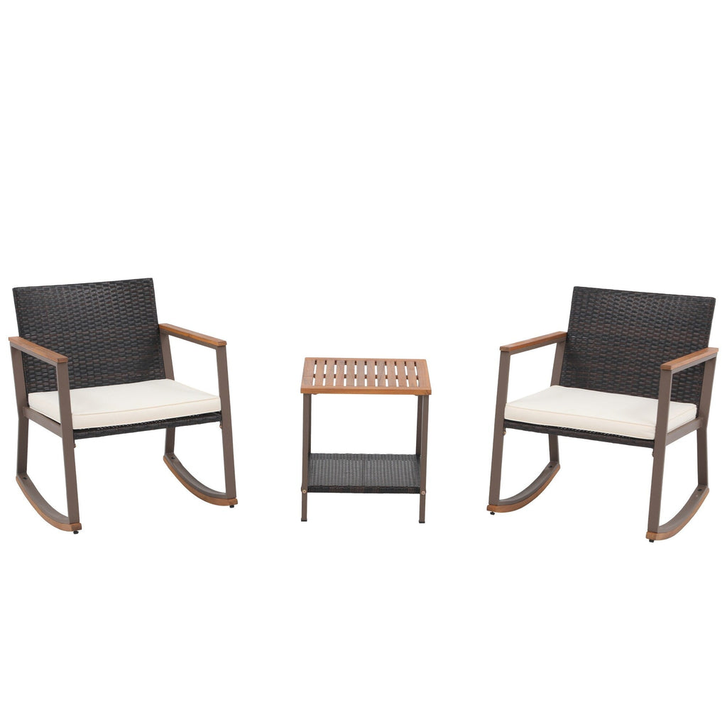Ensemble de 3 chaises à bascule pour patio, bistro, balcon, conversation, avec table basse et coussins