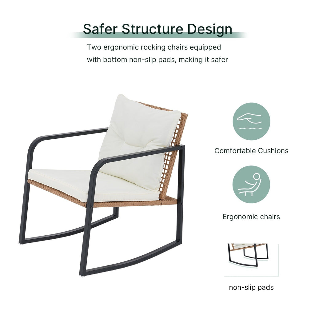 Ensemble de 3 chaises à bascule pour patio, bistro, balcon, conversation, avec table basse et coussins