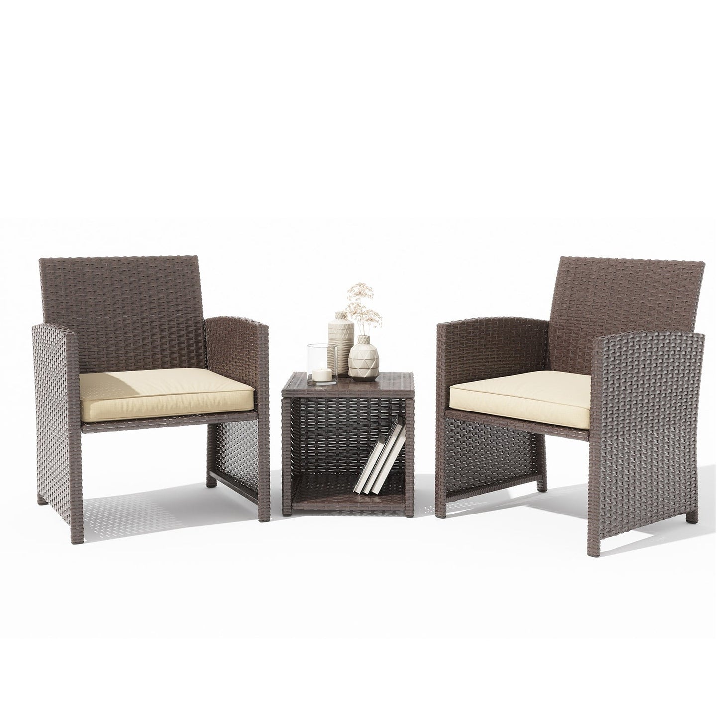 Ensemble bistro 3 pièces en osier avec chaises rembourrées et table d'appoint