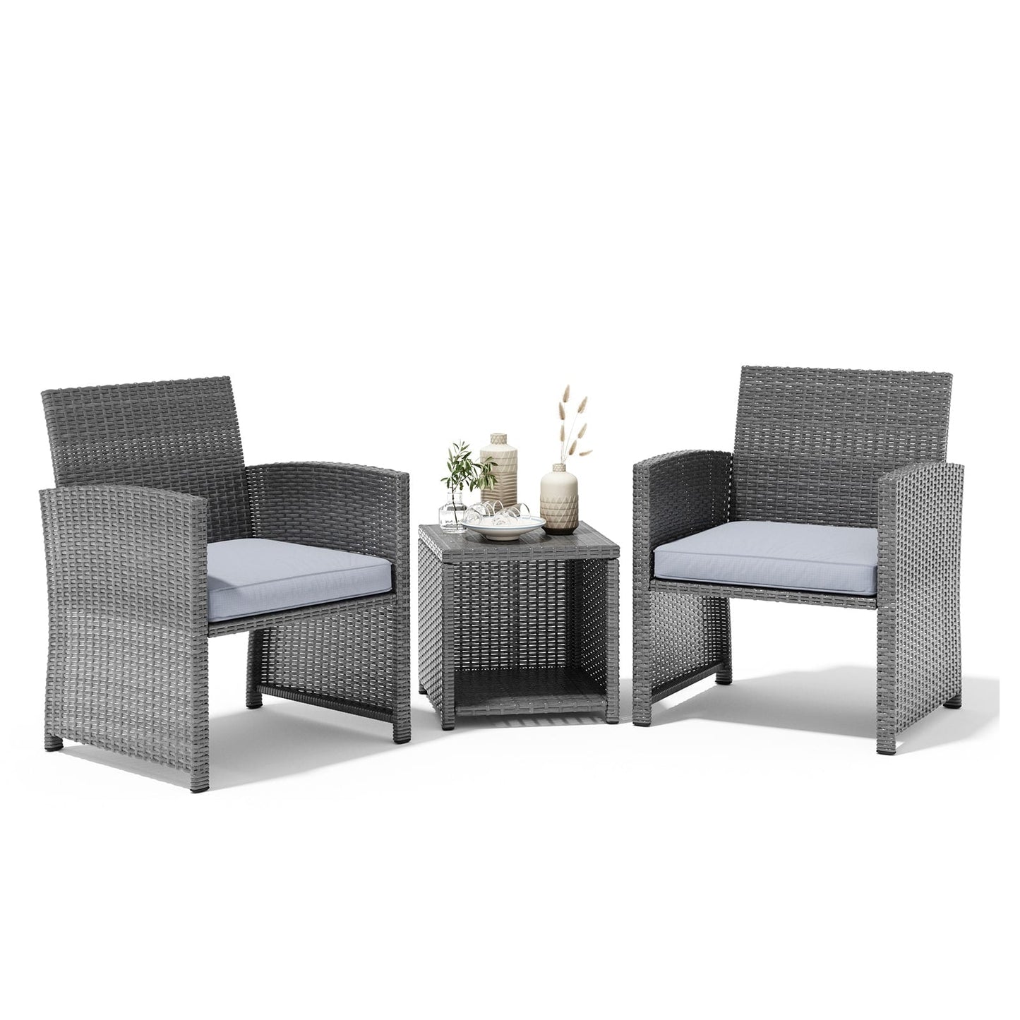 Ensemble bistro 3 pièces en osier avec chaises rembourrées et table d'appoint