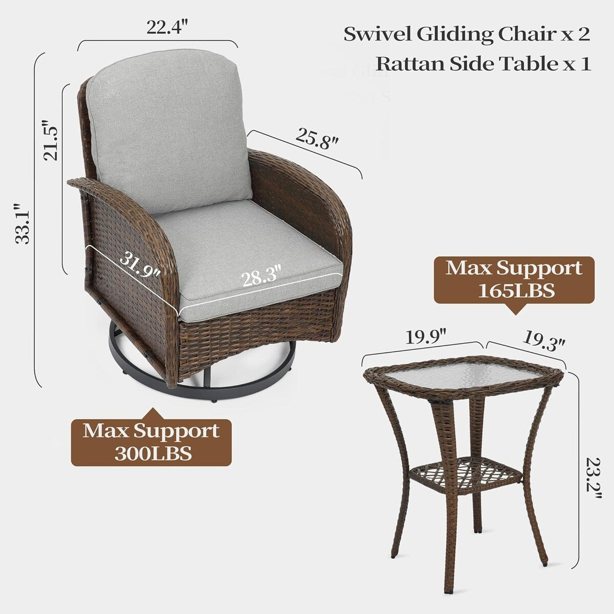 Ensemble de 3 chaises en rotin synthétique avec table et mobilier de jardin