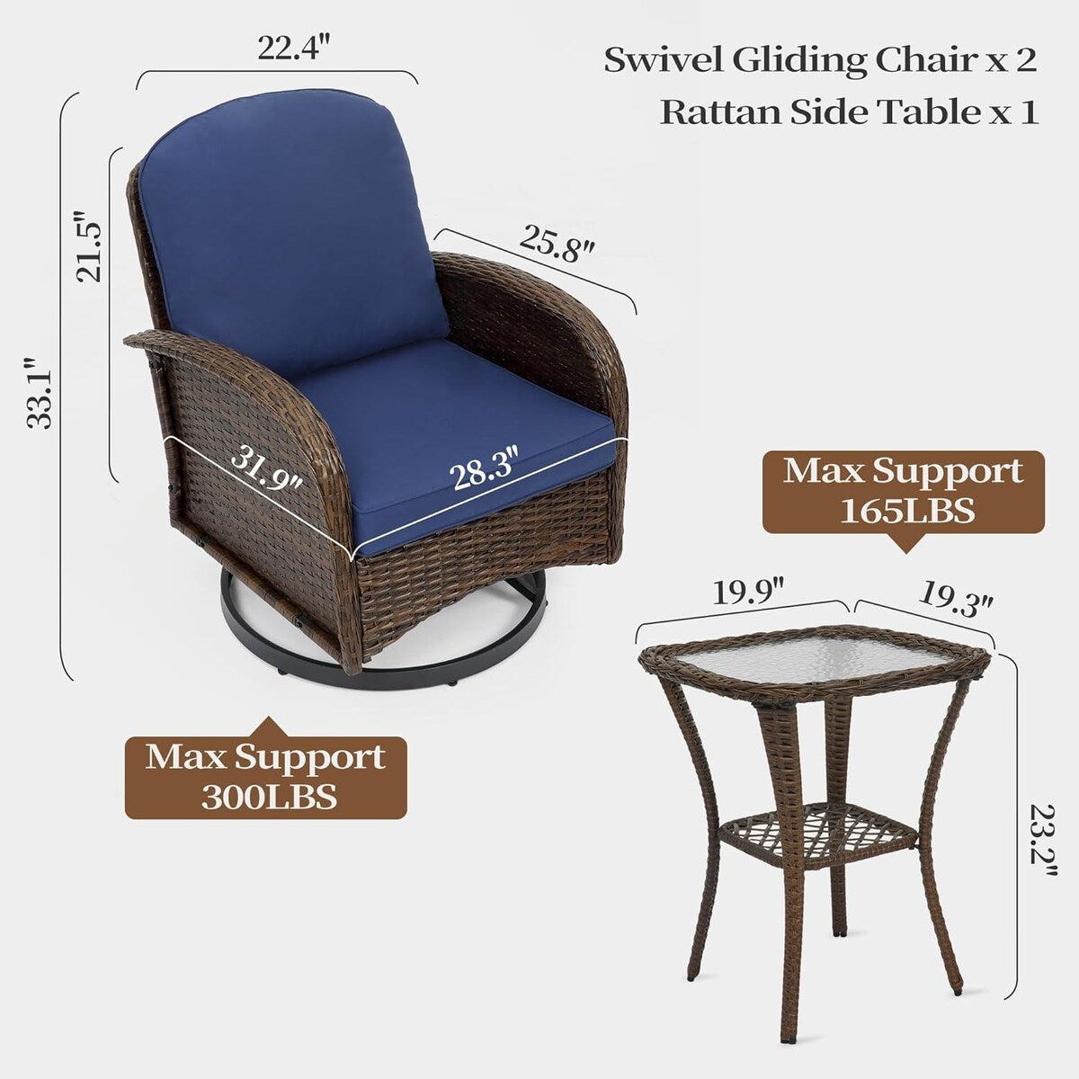 Ensemble de 3 chaises en rotin synthétique avec table et mobilier de jardin