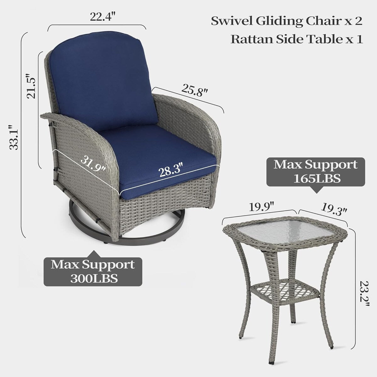 Ensemble de 3 chaises en rotin synthétique avec table et mobilier de jardin