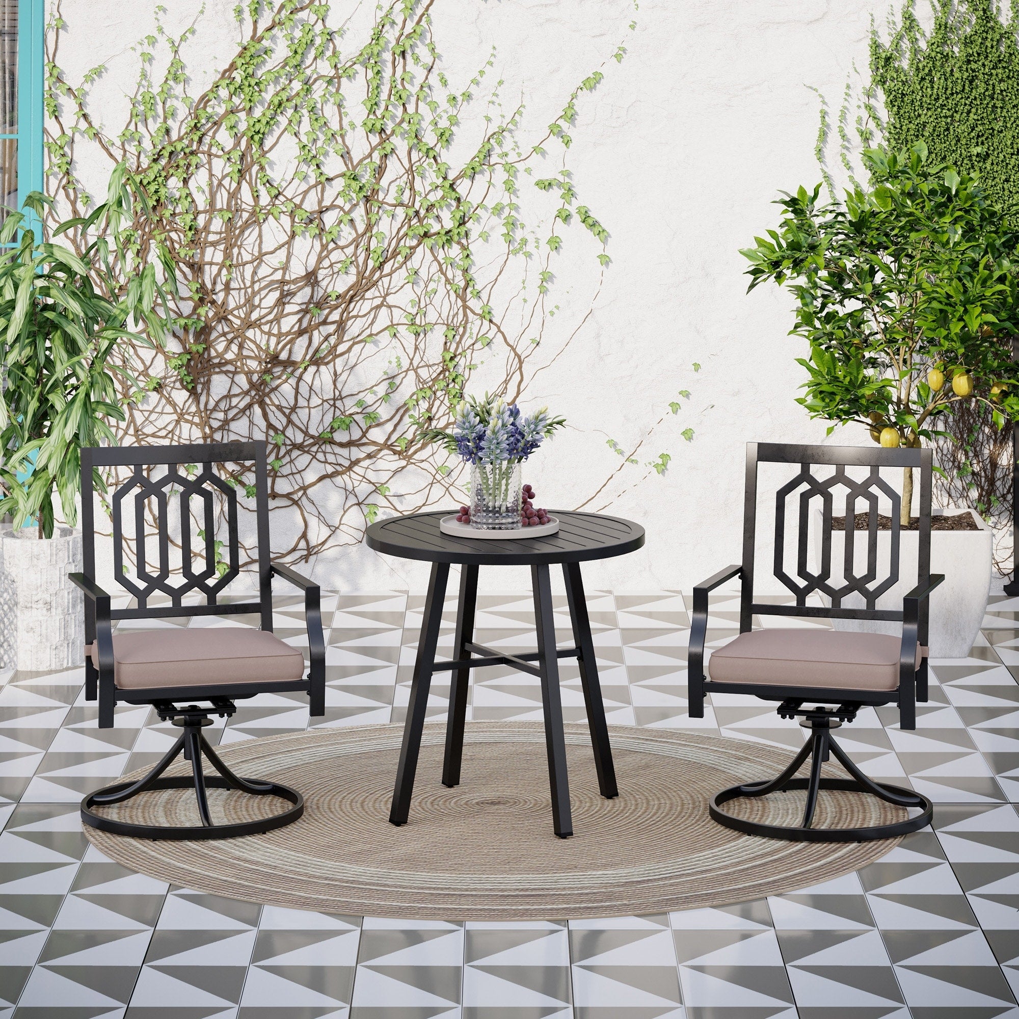 Ensemble de bistrot de patio 3 pièces MAISON ARTS, meubles de patio, ensembles de salle à manger, 2 chaises pivotantes avec coussins et 1 table basse ronde