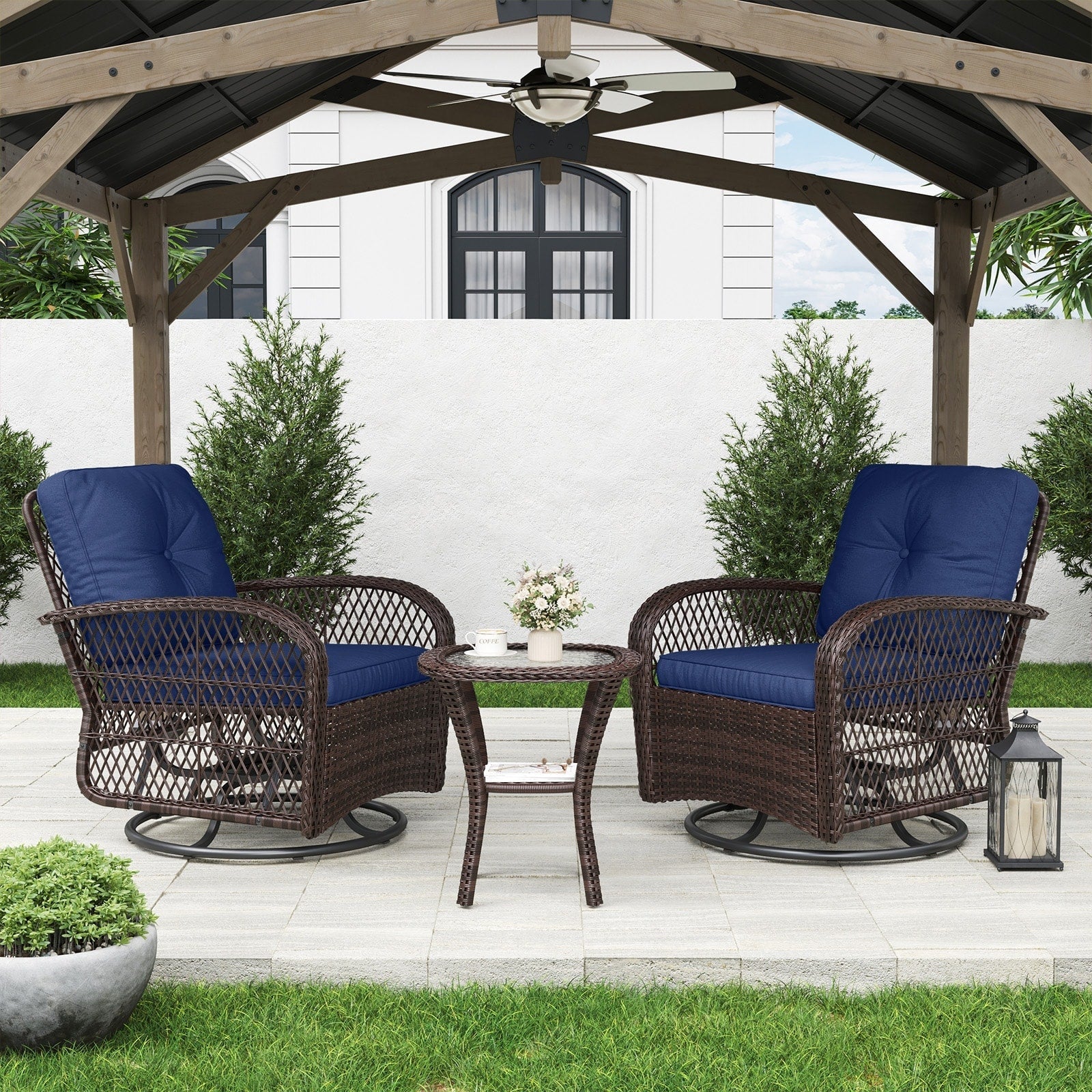 Ensemble de meubles de patio 3 pièces, ensemble de 2 chaises pivotantes à bascule