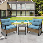 Ensemble de jardin 3 pièces en rotin à bascule avec coussins : 1 table et 2 chaises à bascule