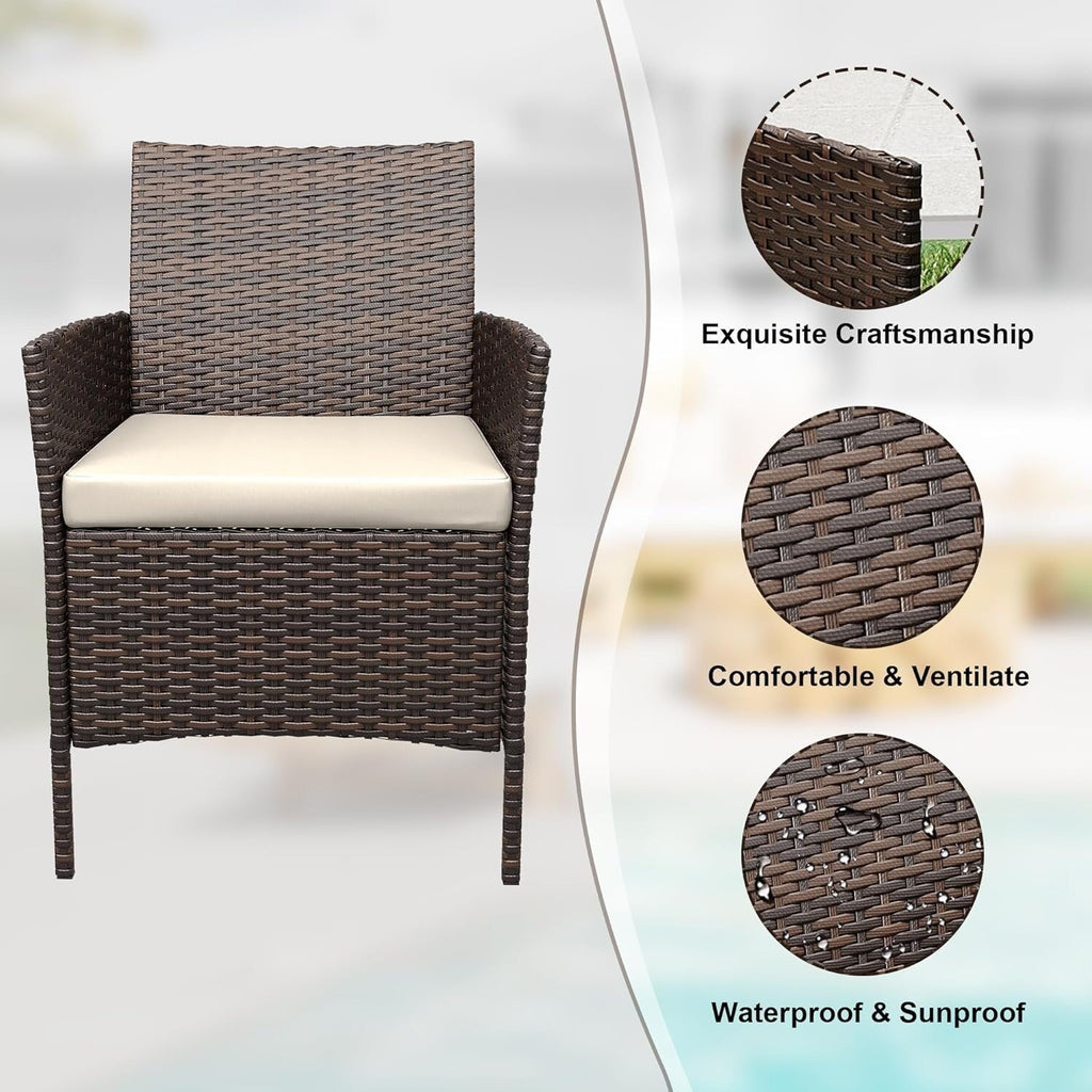 Ensemble de 3 chaises en rotin et osier avec table basse en verre