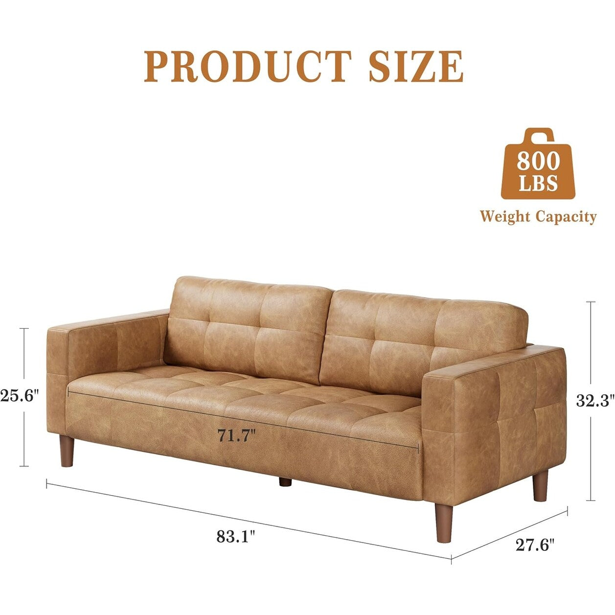 Canapé 3 places, 83 cm de large, similicuir, avec coussin à ressorts, moderne