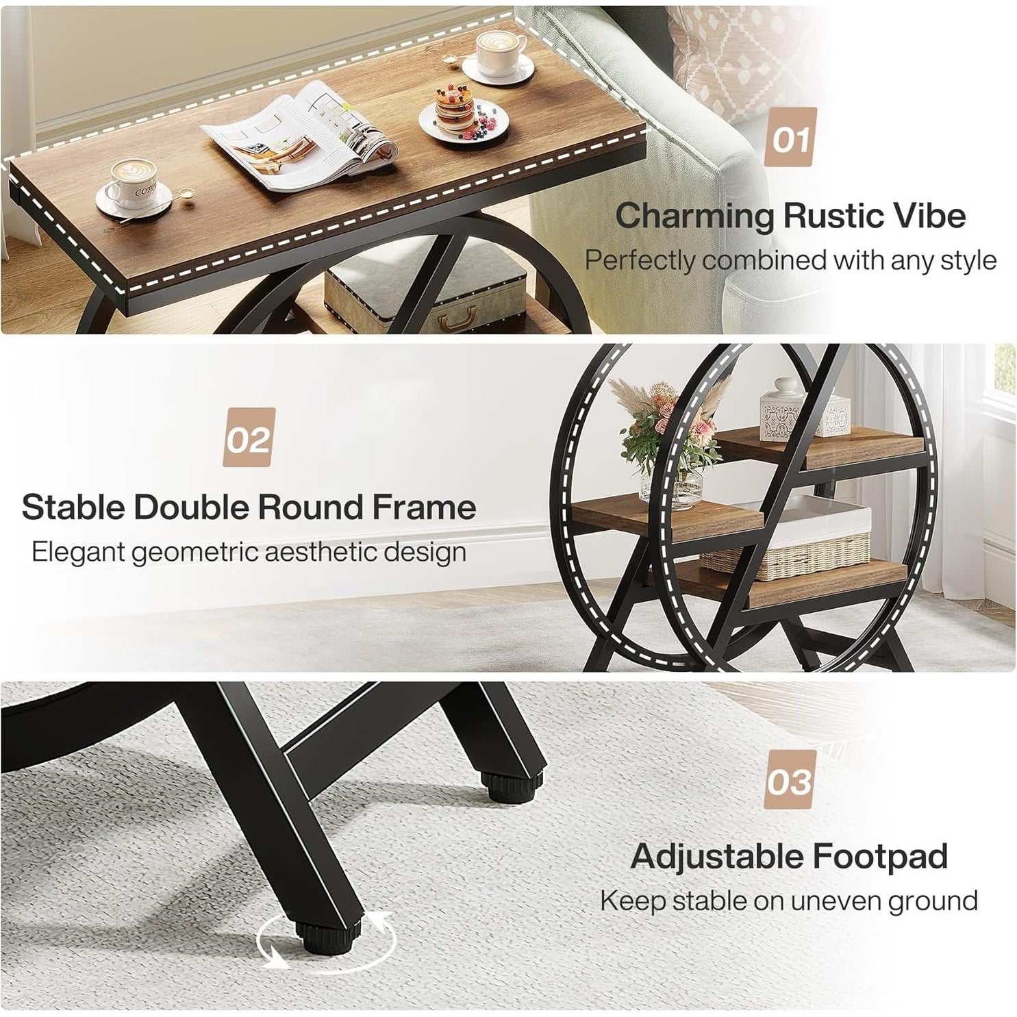 Table d'appoint à 3 niveaux avec rangement pour salon