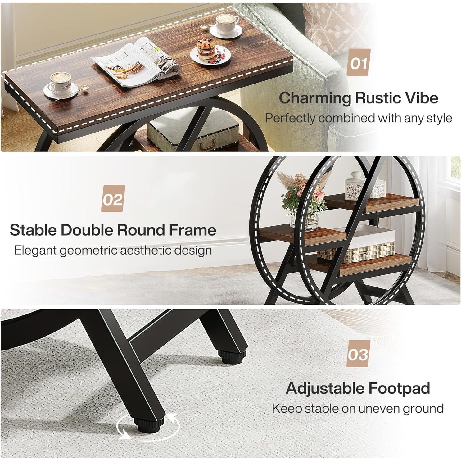 Table d'appoint à 3 niveaux avec rangement pour salon