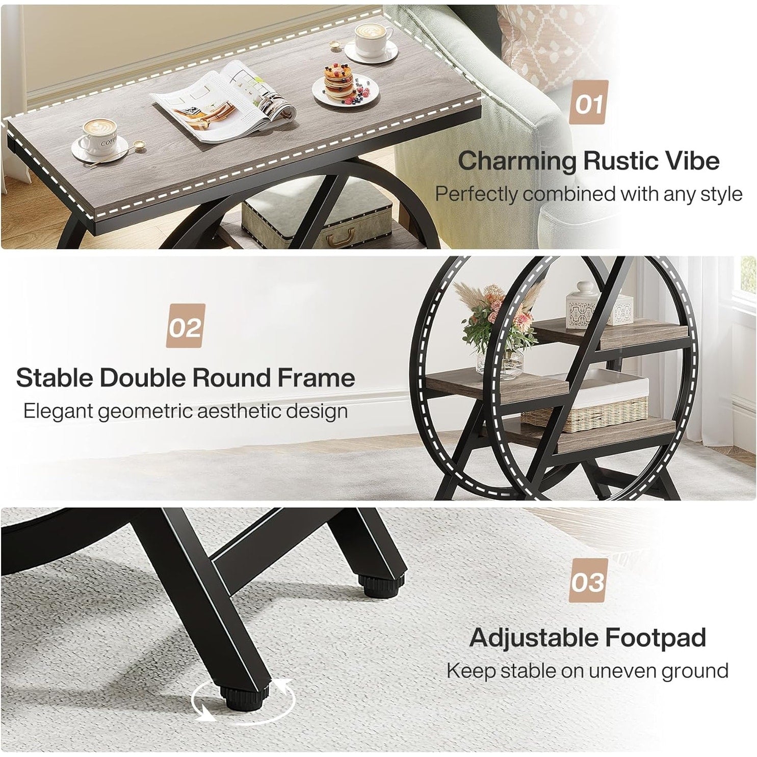 Table d'appoint à 3 niveaux avec rangement pour salon